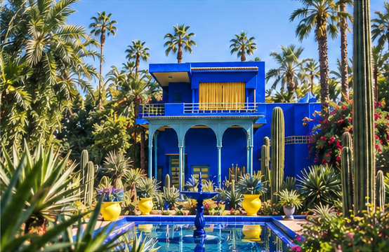 The cobalt villa, palms and reflecting pool at Jardin Majorelle