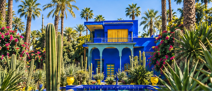 The cobalt villa framed by palms and cacti