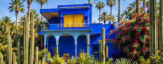 The cobalt villa and its yellow window shutters