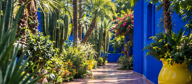 A garden path beside cobalt walls and a yellow pot